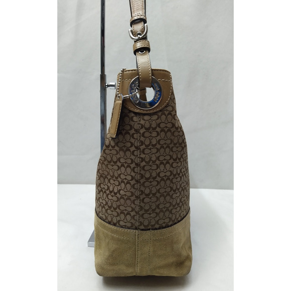 Coach Signature Brown Canvas Suede Hobo Shoulder Bag - Picture 4 of 16